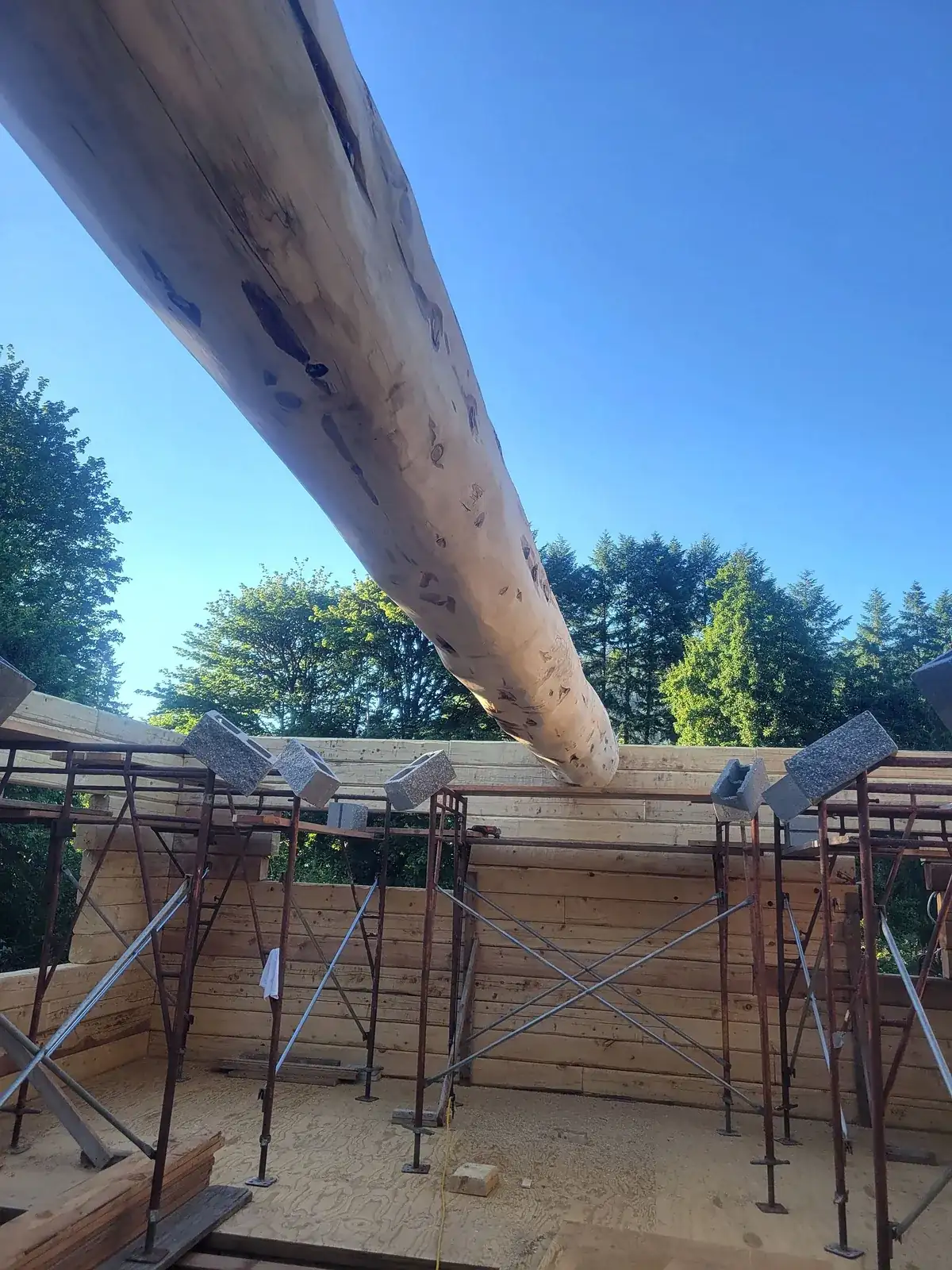 Milled log framing on a wooded Oregon property
